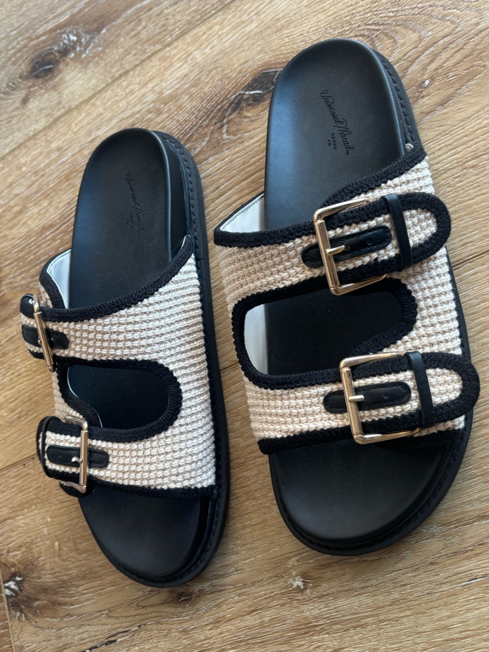 Universal Thread Black and Cream Woven Two-Buckle Slide Sandals